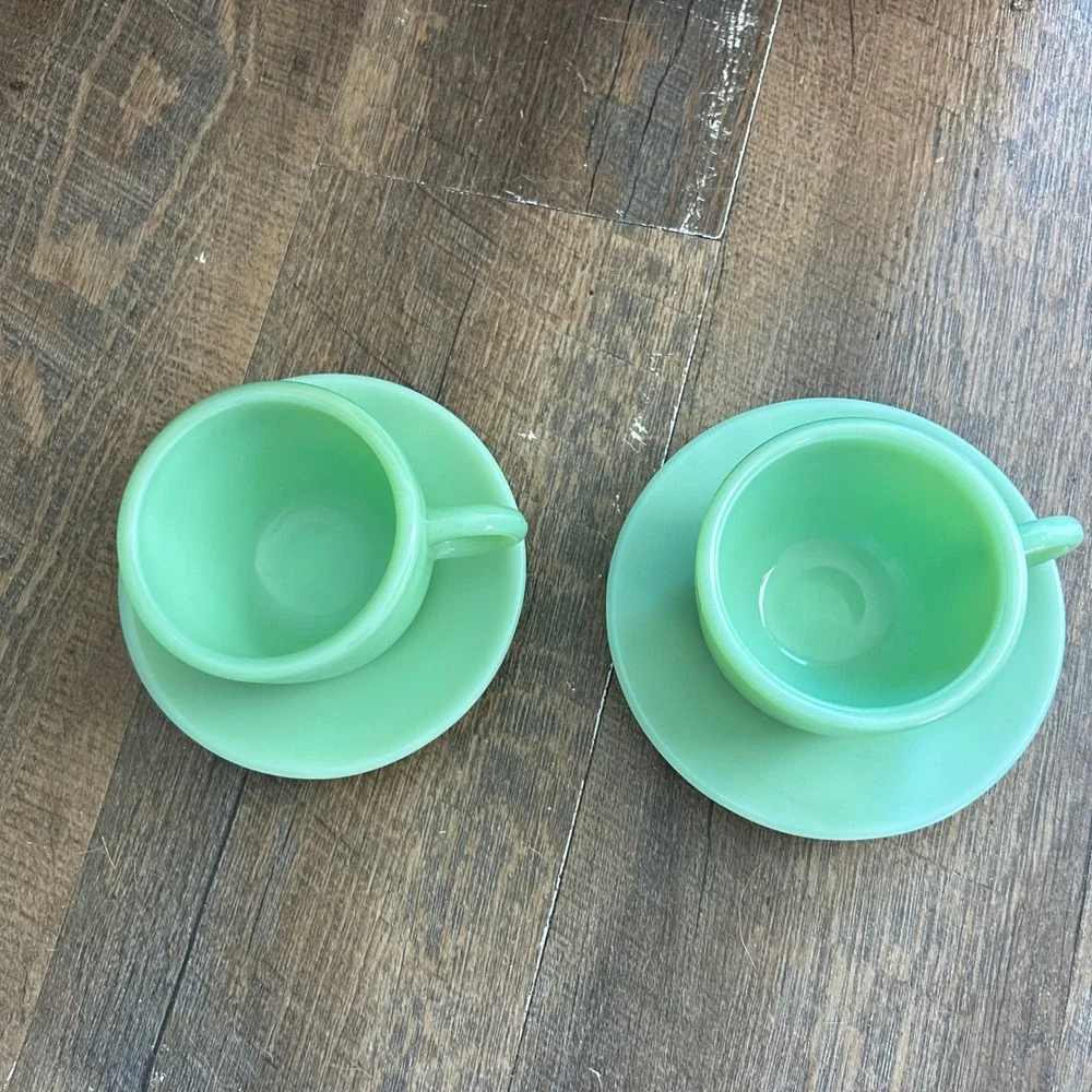 Vtg Fire-King Jadeite Oven Ware C Handle Coffee Cup Saucer Set Heavy Duty Rare